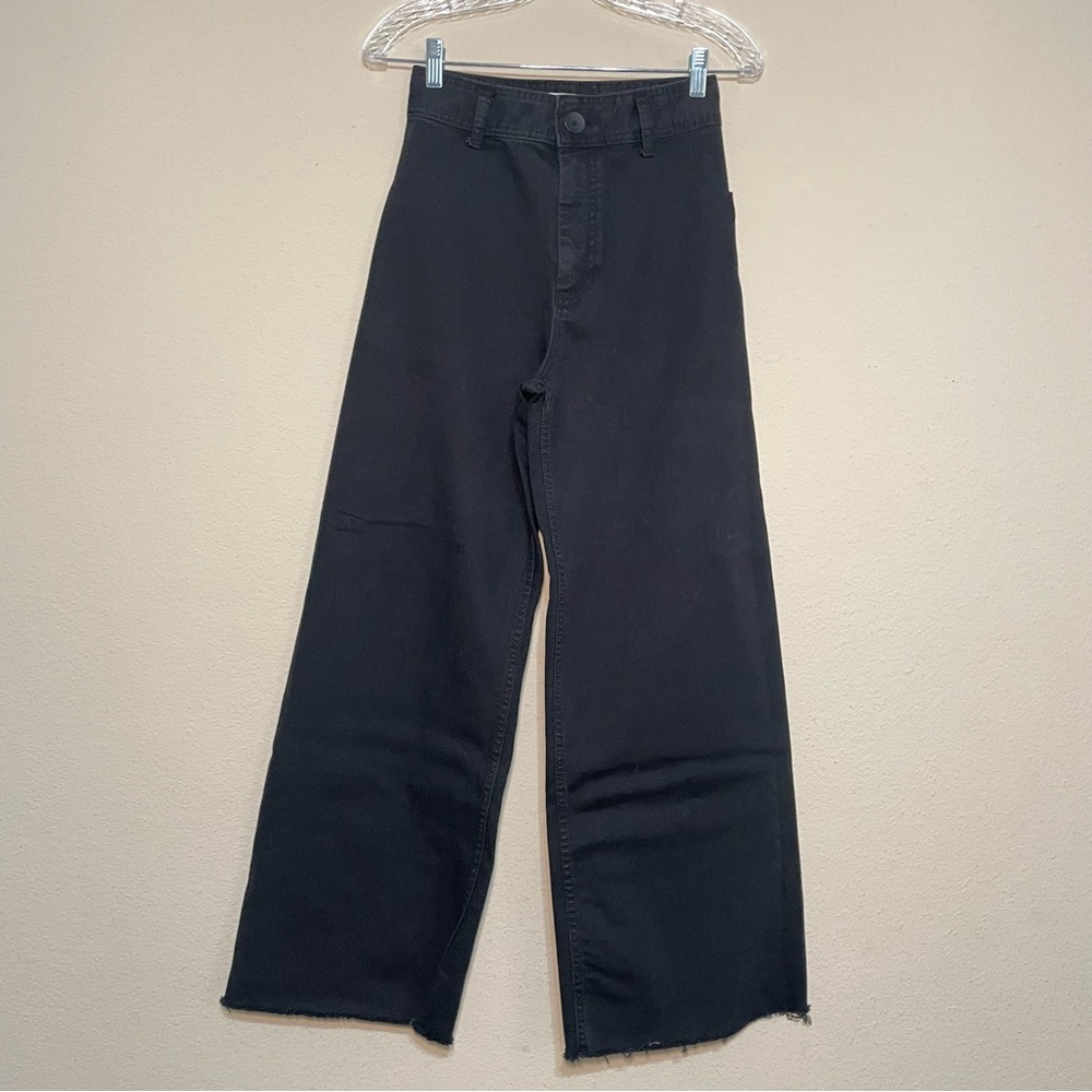 Zara The Marine Straight High Waist Wide Leg Denim Jeans‎ Black Size 6 Raw Hem